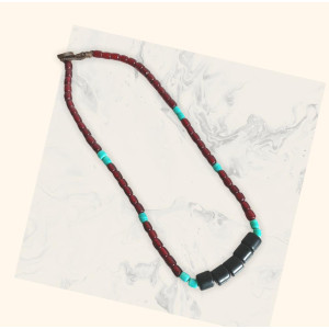 Black heishi beads with red glass and turquoise  blue necklace - Flower Child